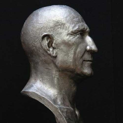 Over life size stainless steel bust of Dr Peter Farrell, founder of ResMed, San Diego, California