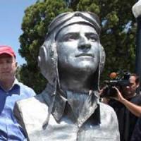Bust of Brig. General Robert L Cardenas. Unveiling ceremony with San Diego Mayor Todd Gloria, Gen Cardenas and Becker. Balboa Park, San Diego.
