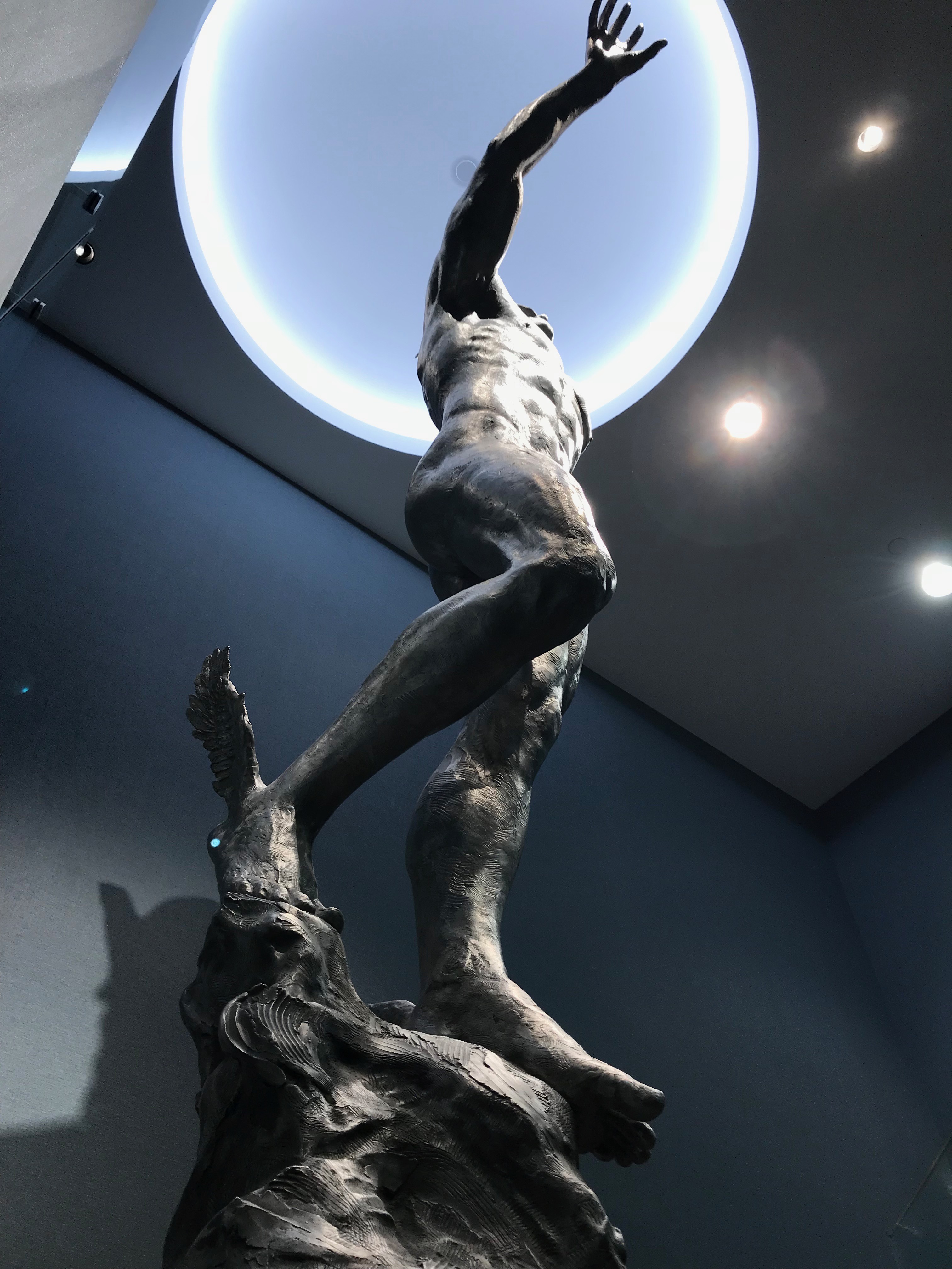 View of Lights and Stainless Steel Heroic Sculpture of Mercury installed at the Historic Los Angeles Athletic Club by Sculptor Richard Becker