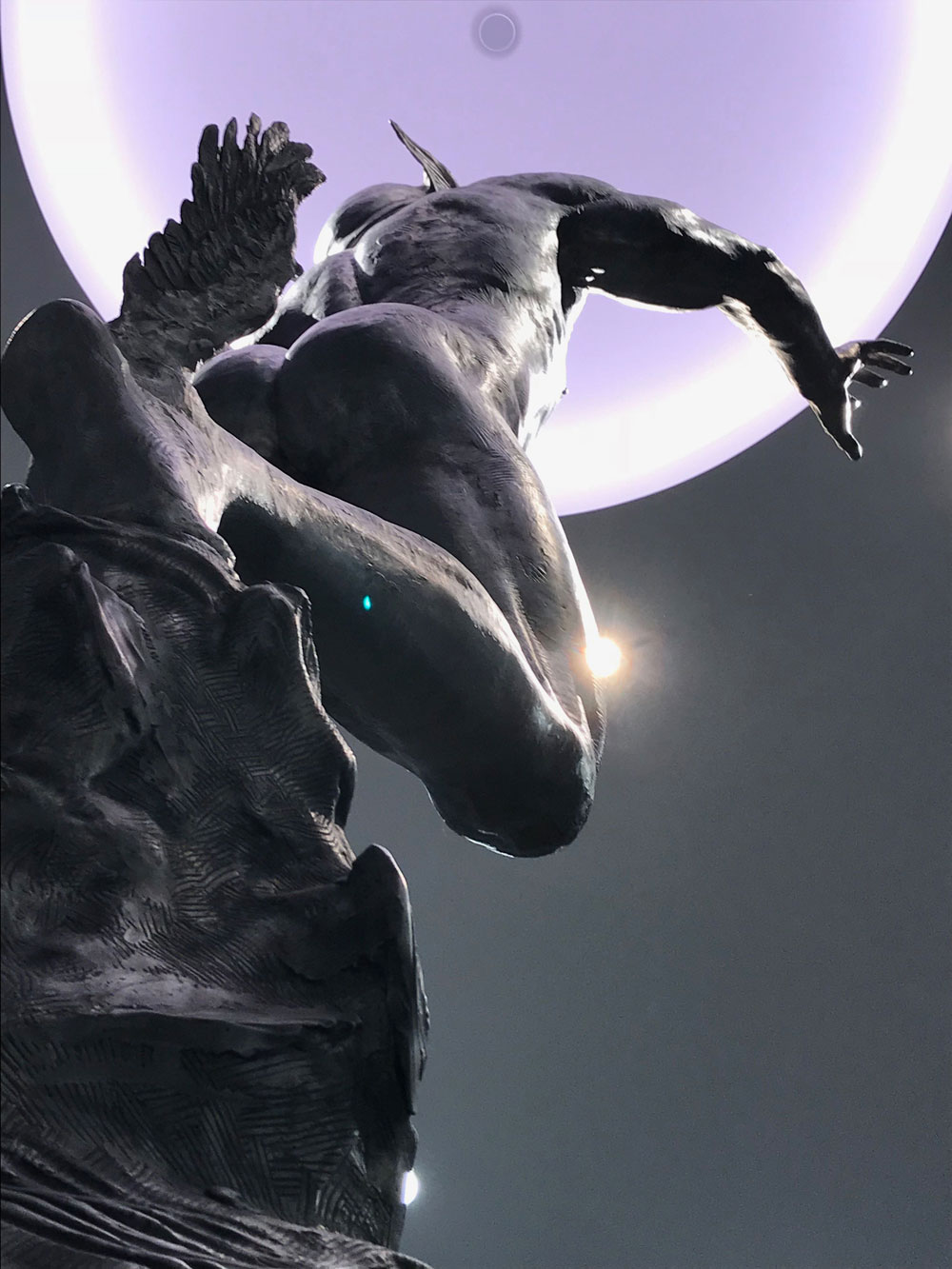 Stainless Steel Mercury sculpture view from below rear installed at Los Angeles Athletic Club