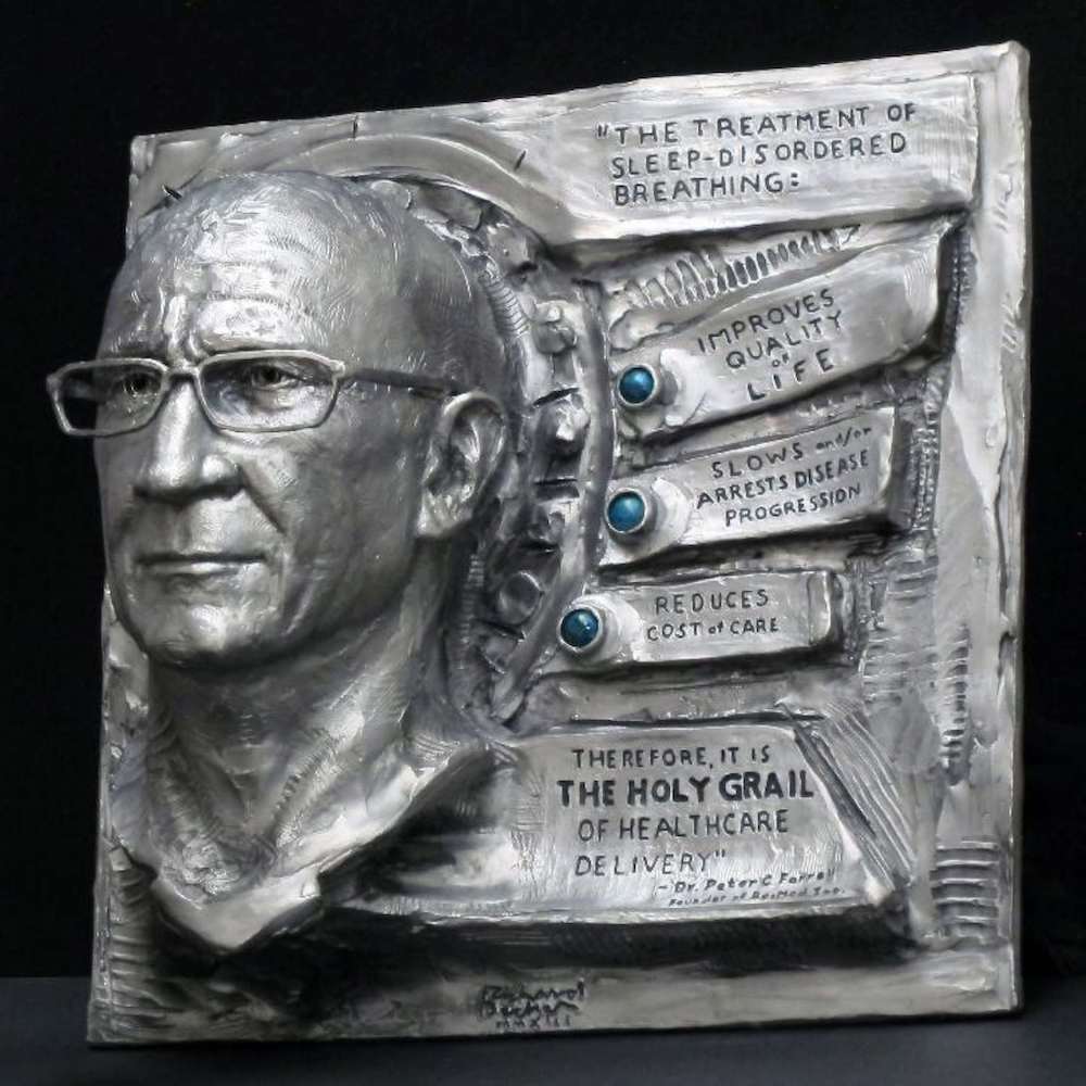 High Relief plaque: Stainless Steel custom commissoned portrait bust of Dr. Peter Farrell. ResMed HQ San Diego
