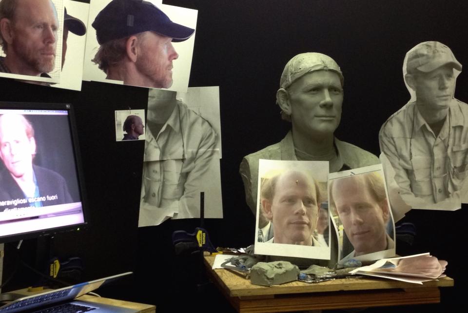 Ron Howard Portrait Sculpture in progress Studio. Clay and reference images used by Richard Becker