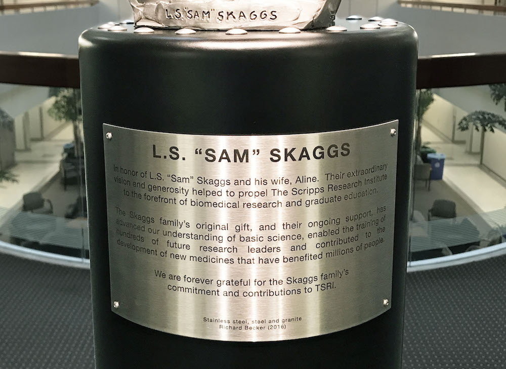 Plaque on Sam Skaggs bust commemorating 20 years of generous support of TSRI