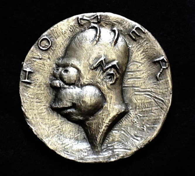 Bronze 3 inch medallion of Homer Simpson in style of Roman Coin