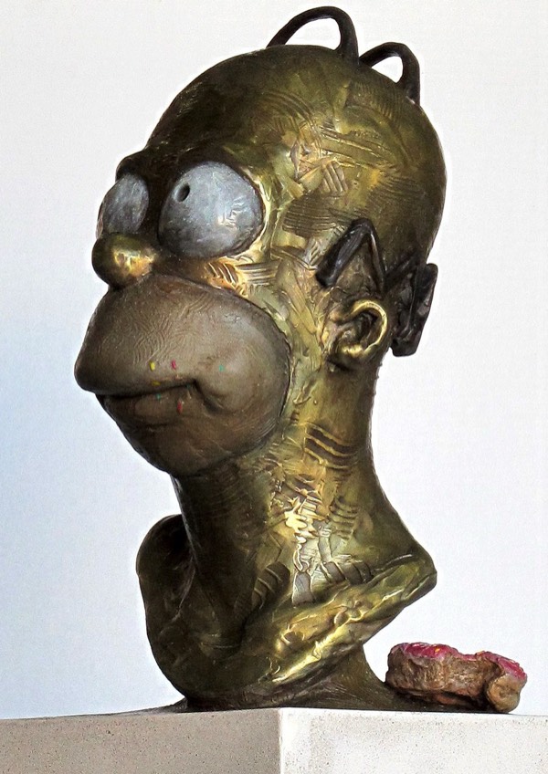 Bronze commission bust of Homer Simpson with donut and sprinkles on face. 