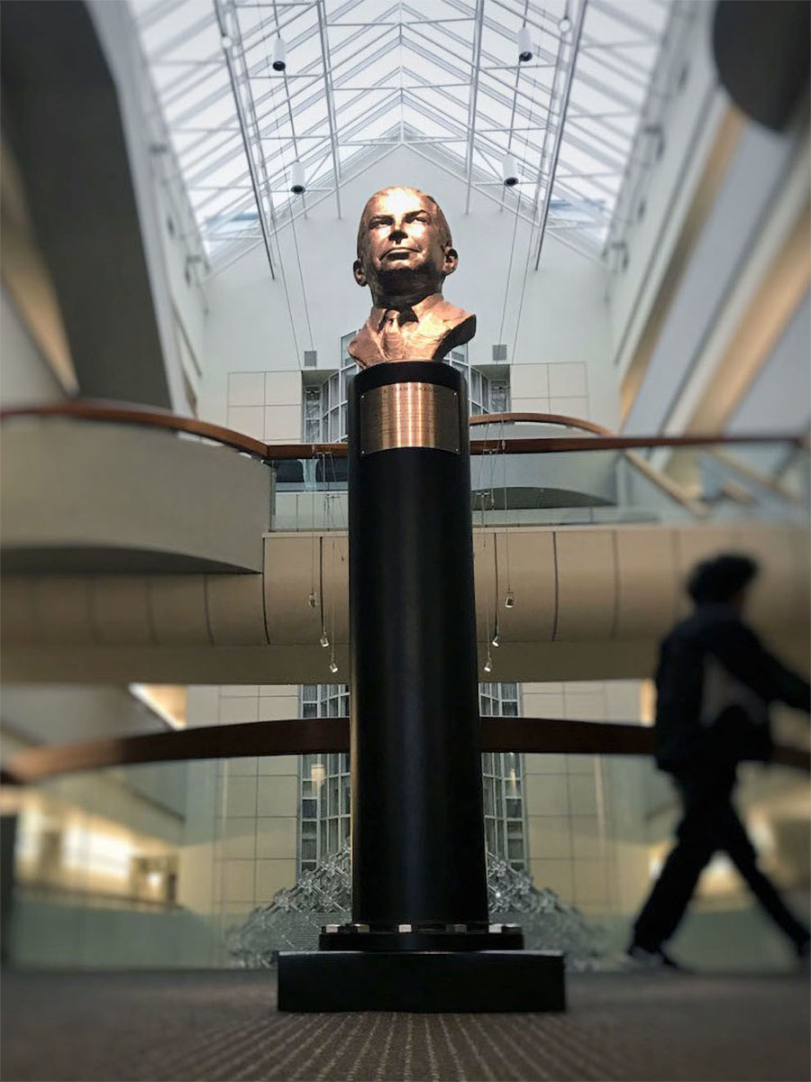 Sam Skaggs bust installed in the Beckman Building atrium at Scripps Research in La Jolla.